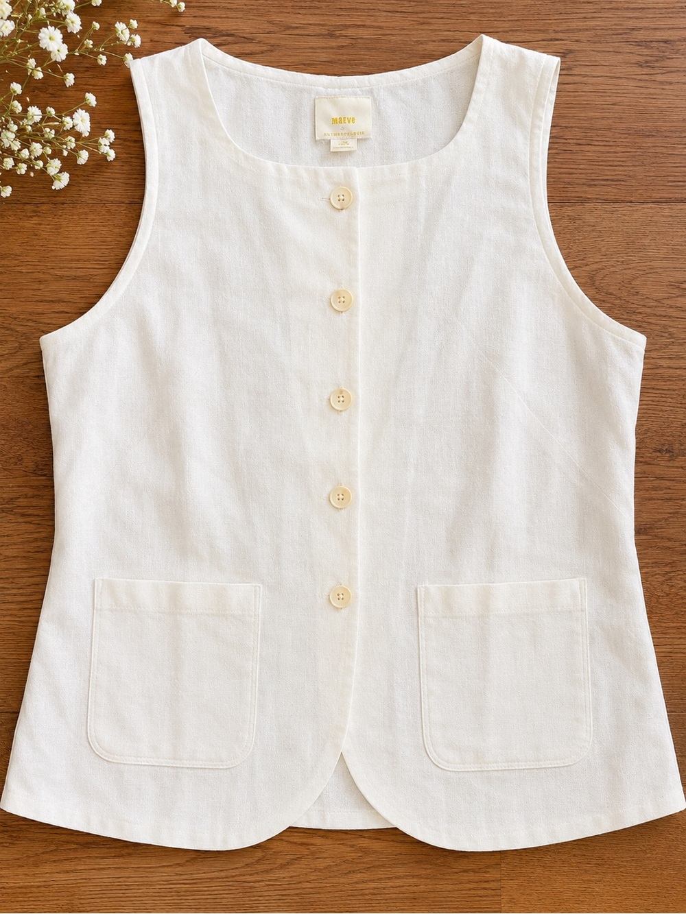 Maeve by Anthropologie Cream Sleeveless Button-Front Linen Blend Top